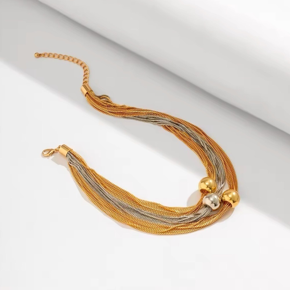 18K Gold & White Gold Two Tone Plated Chunky Thick Layered Big Beads Necklace - Picture 2 of 7